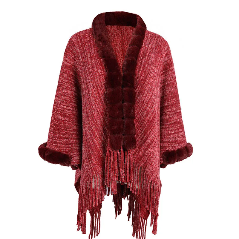 Autumn Winter New European American Capes Shawl Imitation Wool Collar  Tassel Sweater Ponchos Lady Cape Cloak Red Cardigan