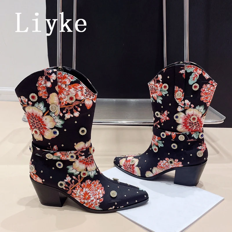 

Женские ковбойские сапоги Liyke в западном стиле, с заклепками и цветами, с острым носком, на молнии, зимняя женская обувь, ботинки на высоком квадратном каблуке, 2023