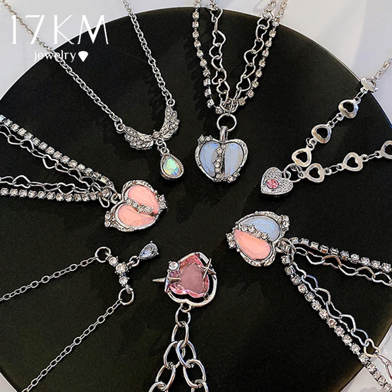 17KM Kpop блестящее ожерелье с подвеской Y2K сердце серебряный цвет цепочка Чокеры