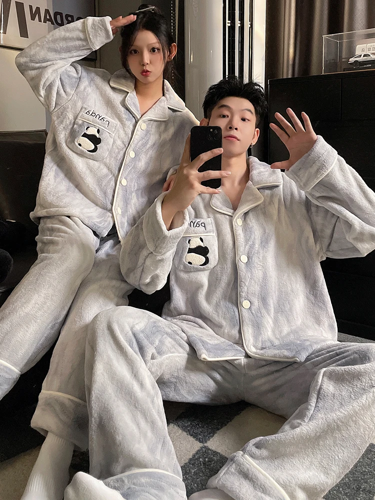 Autumn and Winter Coral Fleece Couple Pajamas Women Thickened Fleece-lined Warm 2024 New Cartoon Men's Homewear