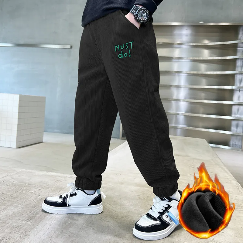 

Winter Teenager Boy Thick Pants New Kids Sport Warm Fleece Lined Pants Elastic Waist Trousers Casual Corduroy Clothes 4-14 Years