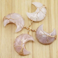 new natural stone rose quartz pendant tree of life handmade copper wire winding moon shape charms fashion jewelry wholesale 4pcs