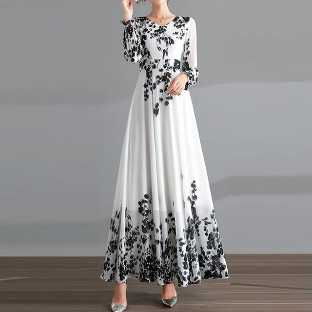V Neck Long Sleeve Floor Length Print 