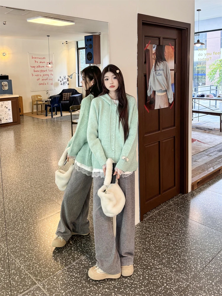 Mint Green Sweater Women Autumn and Winter New Hood Over fit knit Idle Sle Small Pullover Top Outerwear