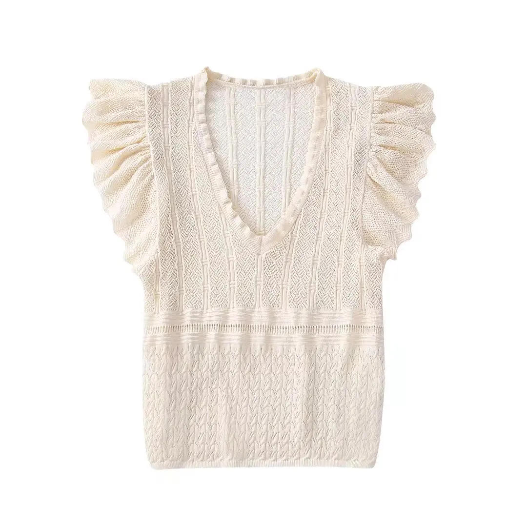

2022 Women Fashion Laminated Decoration With Knotted Cropped jacquard Mesh Knitting T Shirt Vintage V Neck Lantern Sleeve Female