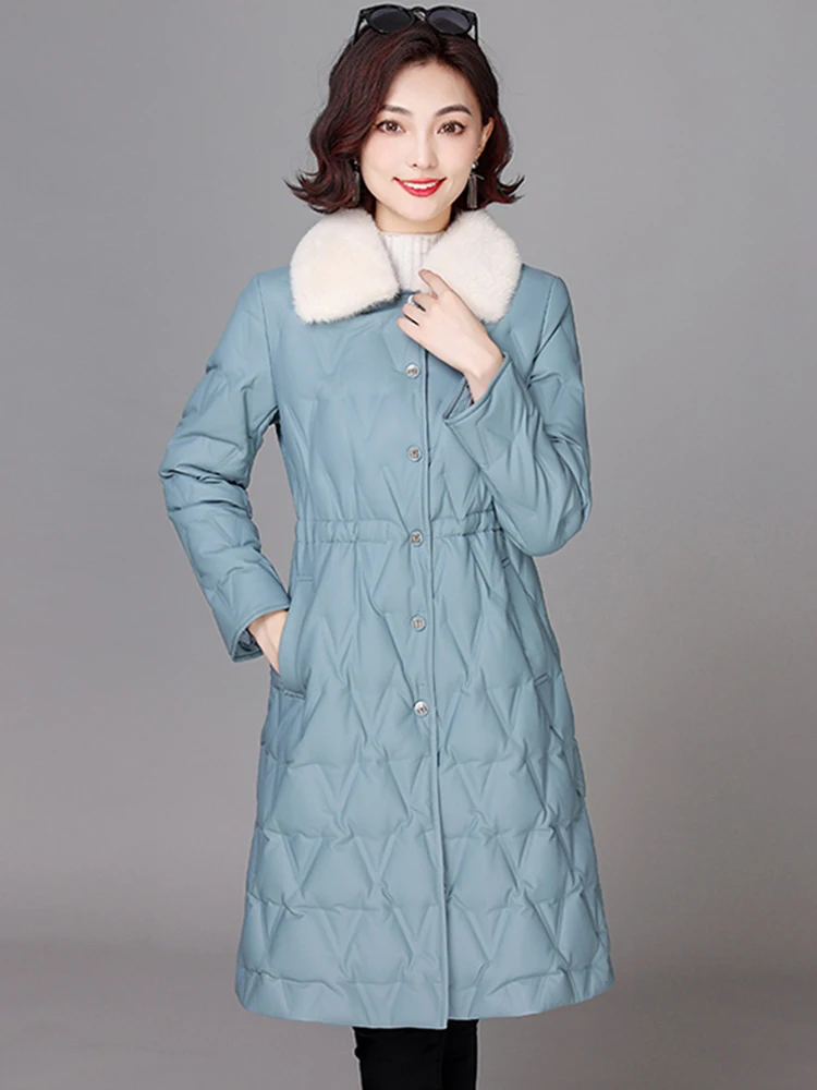 New Women Leather Down Coat Winter Casual Fashion Mink Fur Collar Drawstring Adjustable Waist Down Coat Slim Thick Outerwear