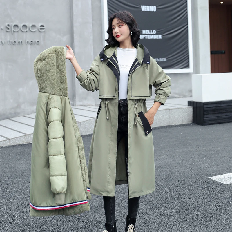 Women's Warm Jacket 2021 Autumn and Winter Long Zipper Hooded Fur Collar Jacket Temperament Loose Detachable Parka Jacket