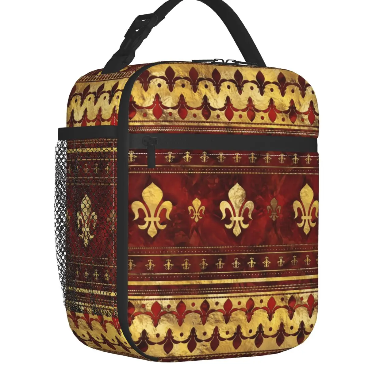 Fleur De Lis Red Marble And Gold Thermal Insulated Lunch Bags Lily Flower Lunch Tote for Outdoor Camping Travel Storage Food Box