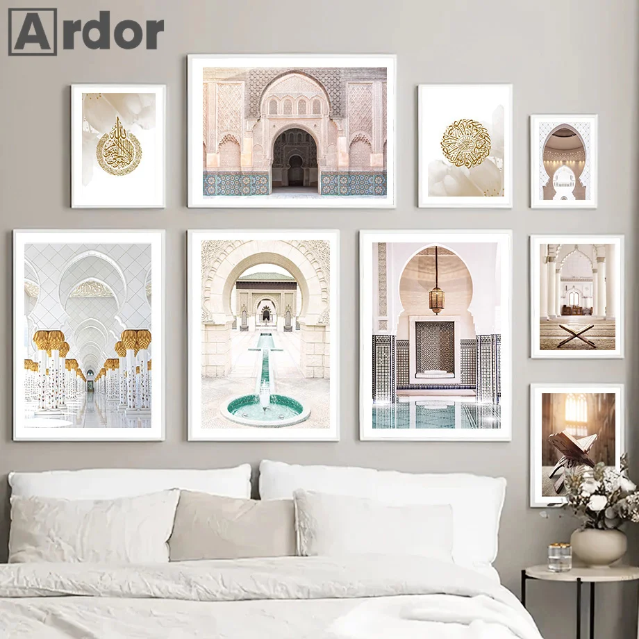 

Islamic Muslim Mosque Building Wall Art Canvas Painting Golden Calligraphy Leaf Poster And Print Picture Living Room Home Decor