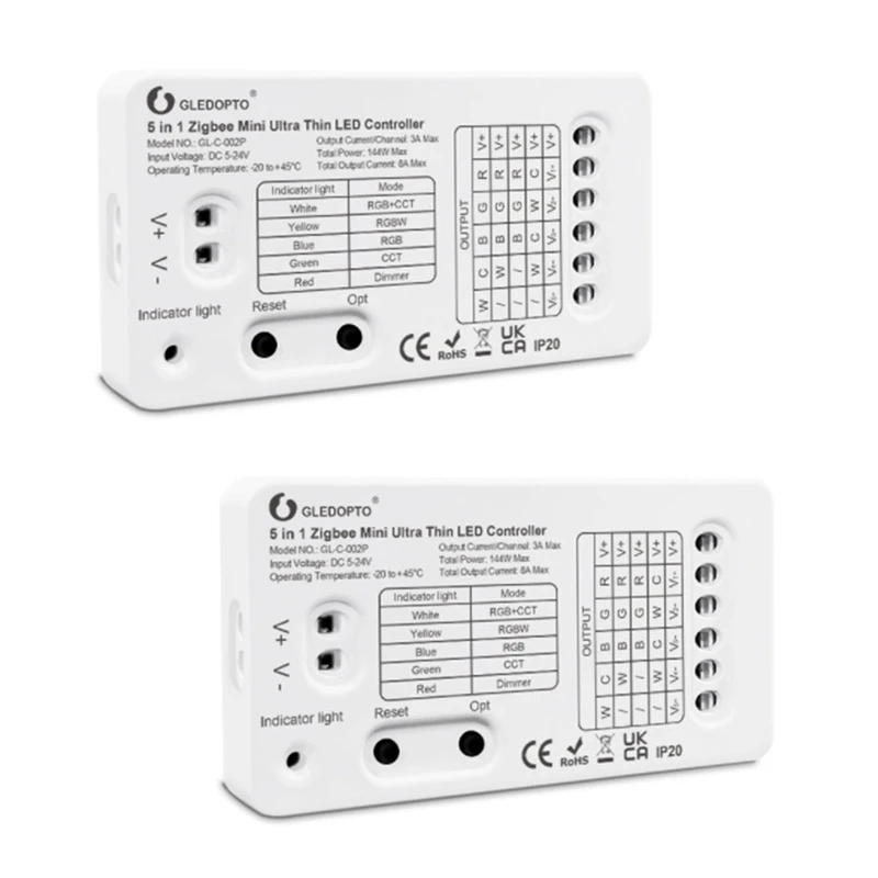 

2X GLEDOPTO Zigbee 3.0 DC5-24V Mini 5 In 1 RGBCCT/RGBW/RGB/CCT/Dimmer LED Light Strip Controller
