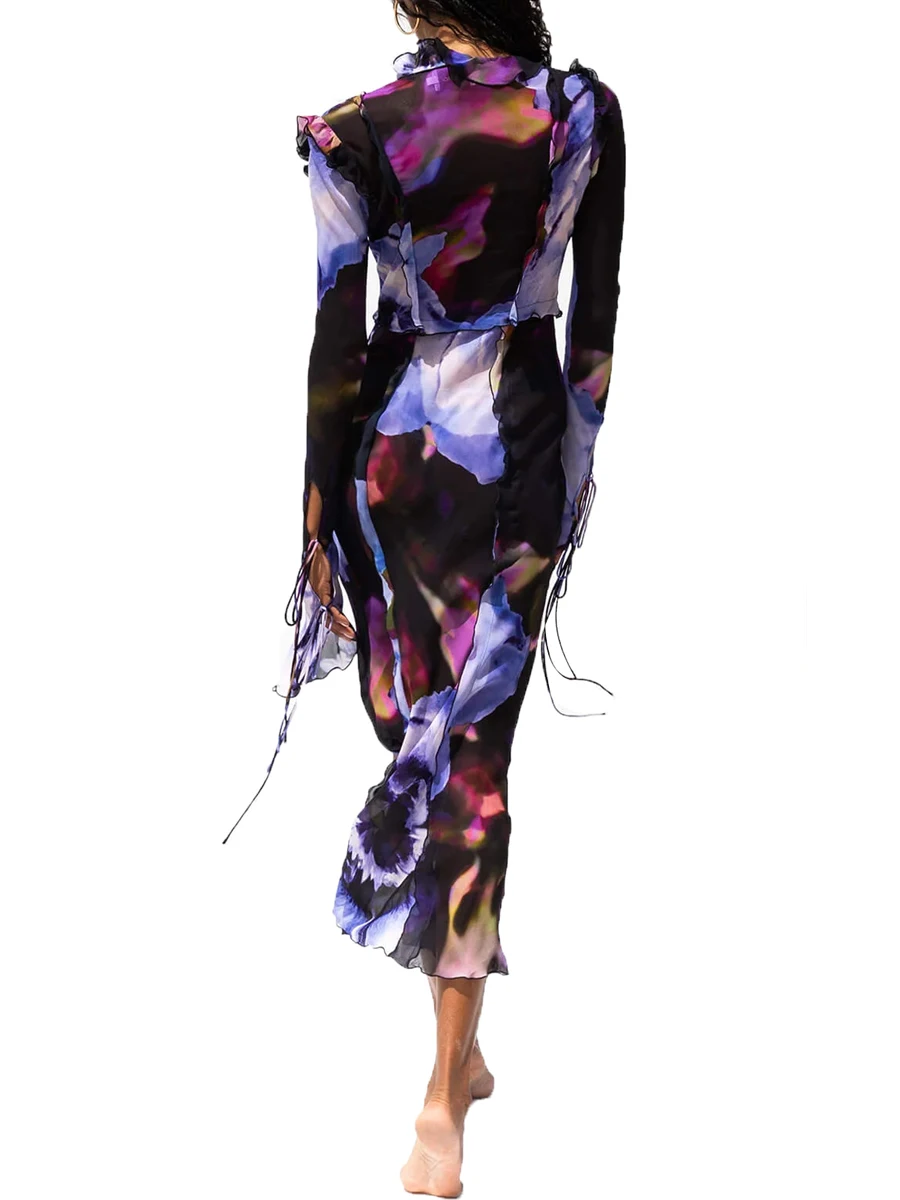 

Louatui Vestido sexy Y2k de malla transparente con ribete de volantes para mujer vestido de бикини transpartranspar