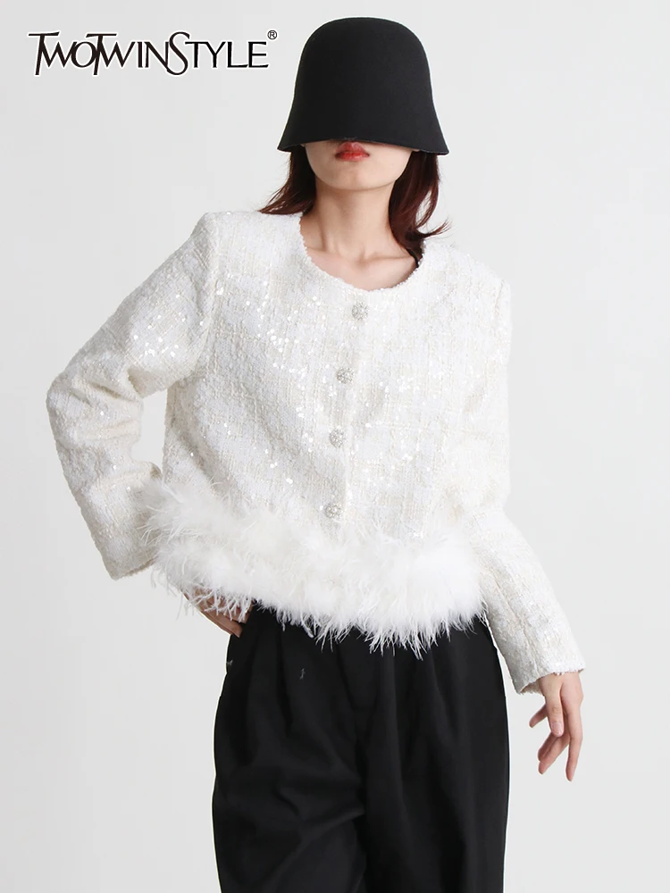 

TWOTWINSTYLE Solid Elegant Jacket For Women Round Neck Long Sleeve Single Breasted Feathers Sequins Jackets Female Clothing 2022
