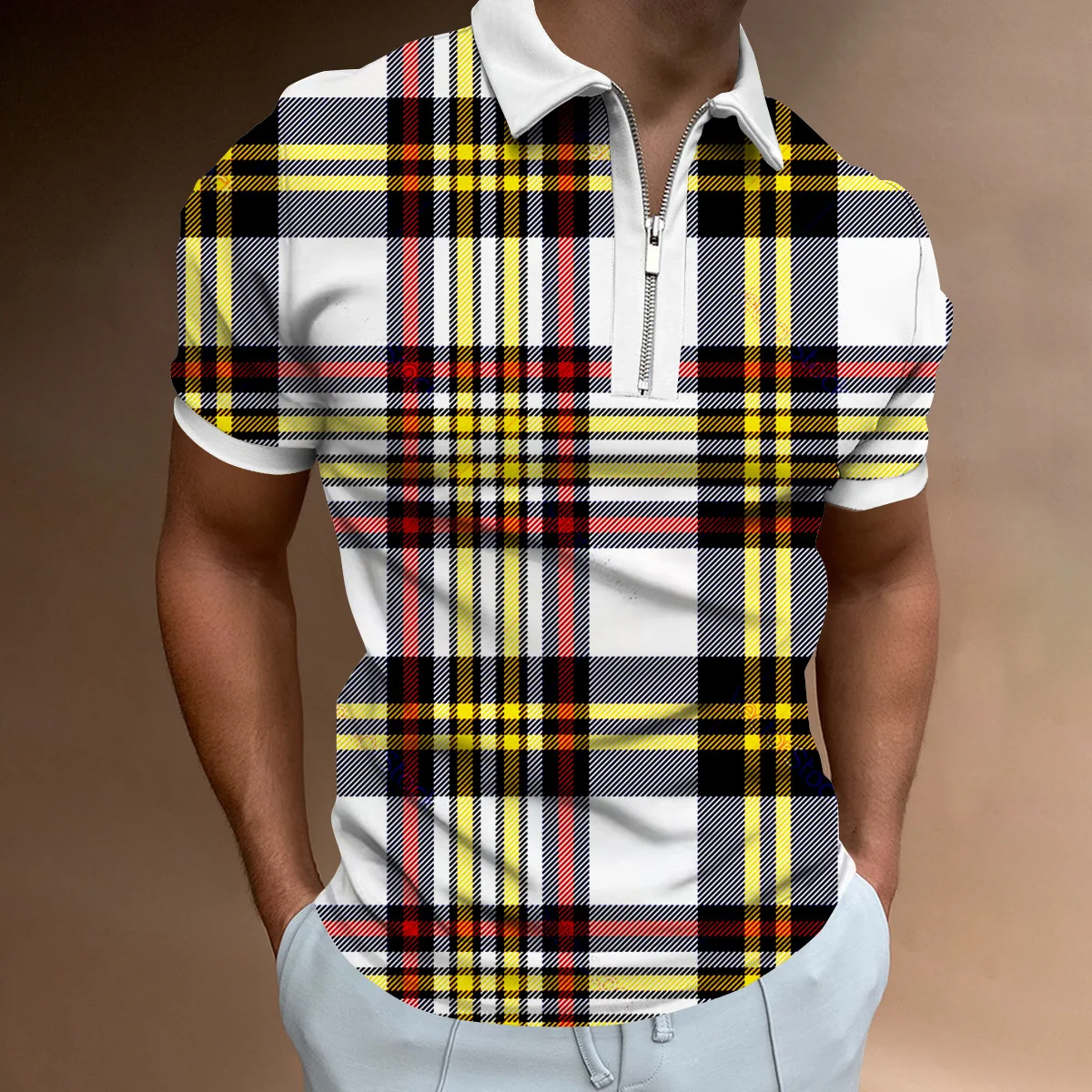 

New Men's Summer Short Sleeve Fashion Polo Shirt Lapel Zipper Casual Loose 3D Print Streetwear Plaid Plum Business Male Tops