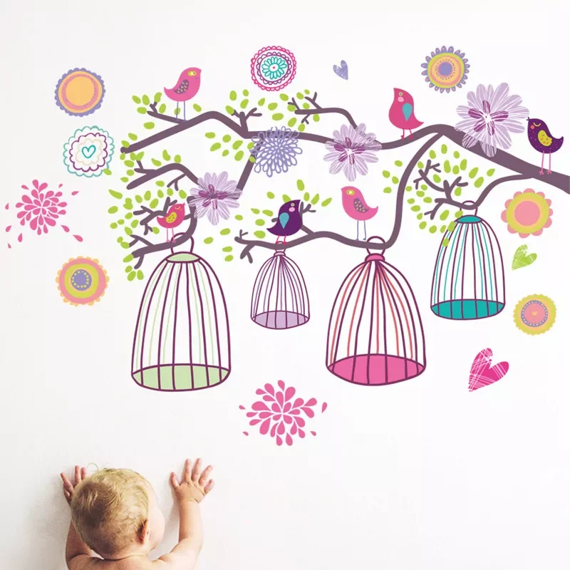 

NEW2022 Twig Bird Cage Wall Sticker For Kids Baby Rooms Living Room Bedroom Background Decoration Wallpaper Nursery Removable St
