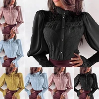 women lace patchwork flare sleeve buttoned blouse chic elegant spring fall office stand collar shirt chiffon solid casual tops