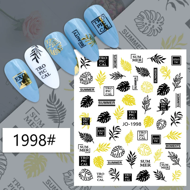 3D nail art stickers black gold laser foils press on nails summer decals sliders decorations flower leaf star adesivi naklejki