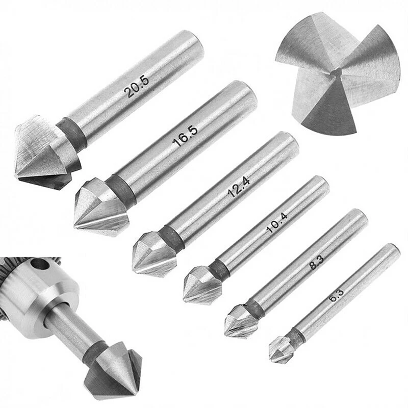 

Metal Countersink Drill Bit 3 Flute HSS CO Hard Three Edge Chamfer Chamfering End Mill Cutter Round Shank 6 Pieces