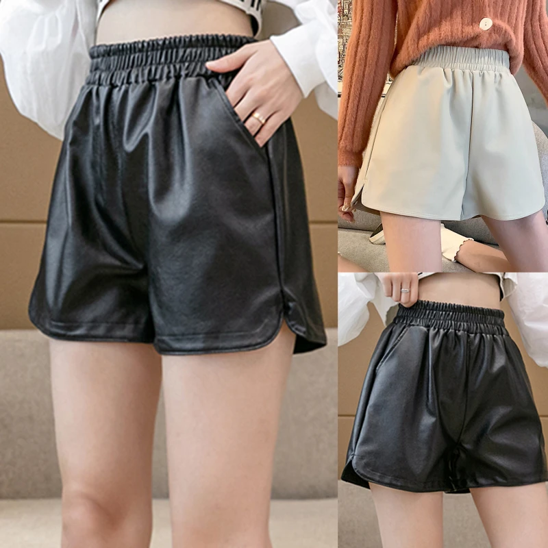 

High Waist Pu Leather Shorts Women Summer Clothes 2023 New Style Elastic Loose Casual Wide Legs Wear Thin Boots Pants
