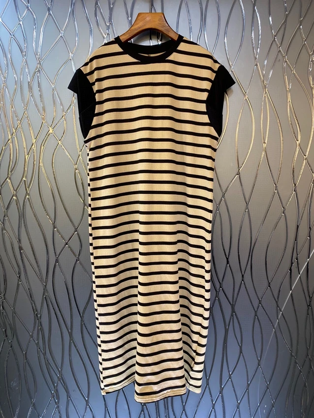 2023 new women's fashion sleeveless crew neck horizontal striped simple mid dress casual dress 0708 casual dress 0708