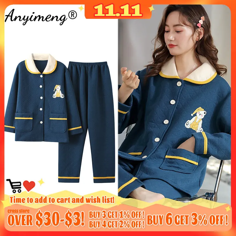 

Модный хлопковый пижамный комплект для девушек Pj 3 слоя 5XL, женский зимний плотный кардиган, домашняя одежда для женщин, удобная Пижама для ж...