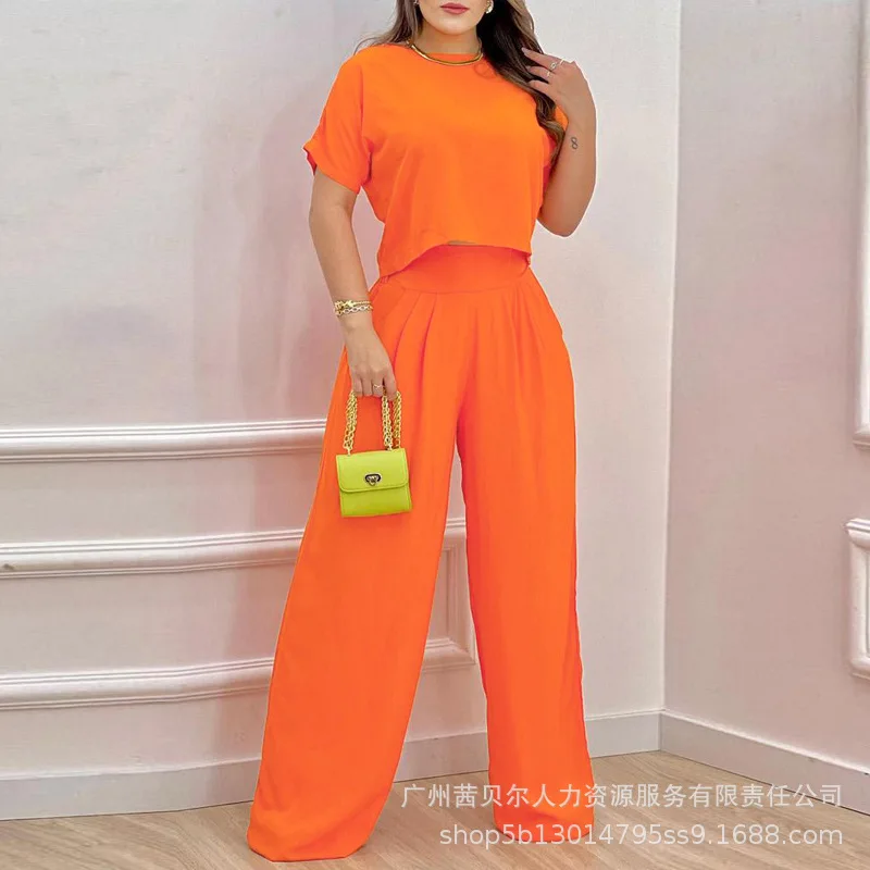 

Elegant Plain Casual Crop Top Shirt & Loose High Waist Pants Two Piece Set Fashion Women Tracksuit Outfits Clothing Suit Set