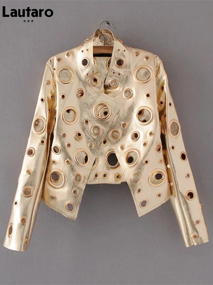 Lautaro Runway Cut Out Short Faux Leather Jacket Golden Rivet Cool Stylish Designer Clothes Women European American Fashion 2022