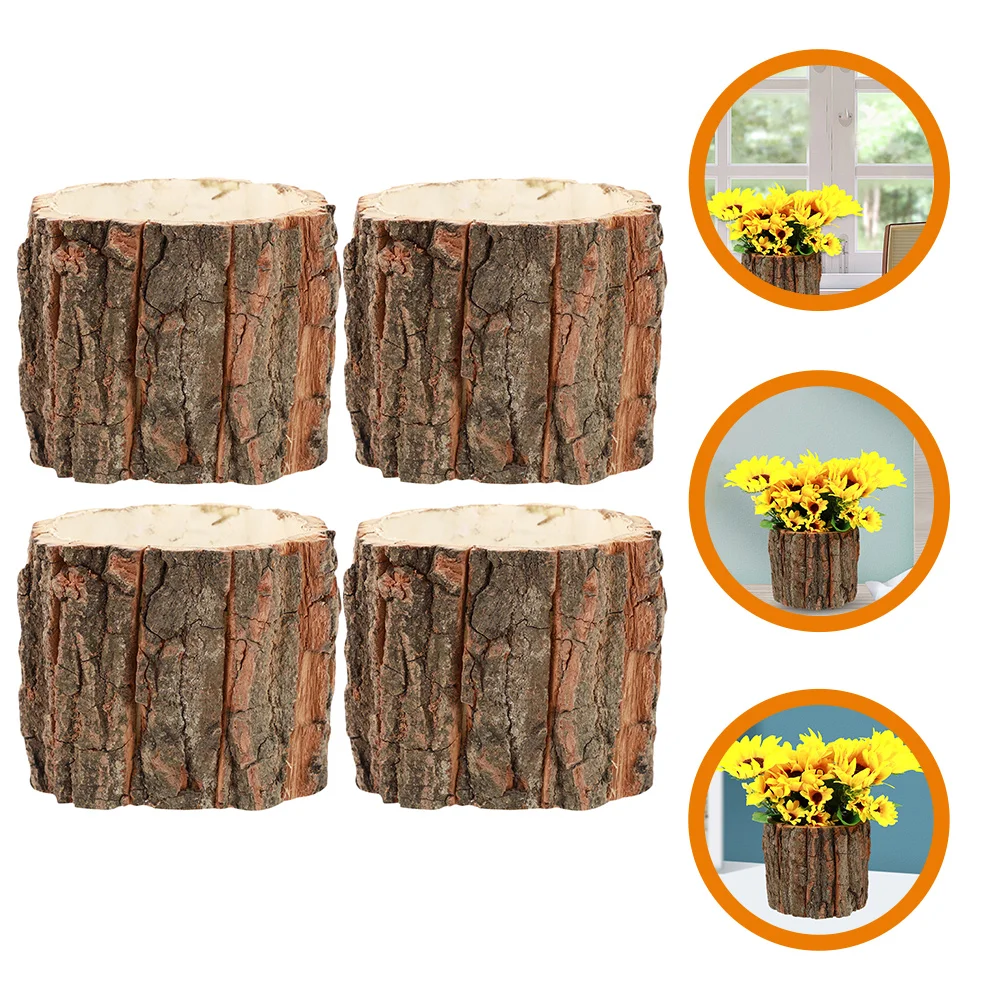 

4 Pcs Wooden Crafts Bark Flowerpot Tree Stump Planting Container Pots Natural Flavor