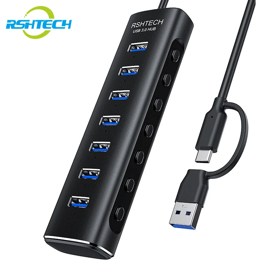 

RSHTECH A107-5 USB C HUB 7 Ports 5Gbps USB 3.0 Adapter Expander Multi USB Splitter with Individual Switches USB Hub for Laptop