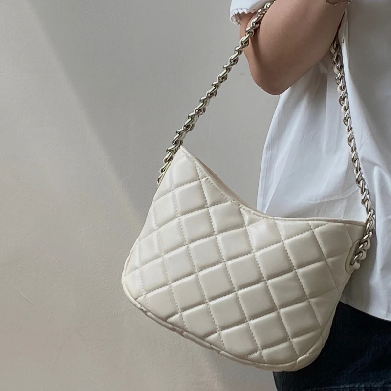 

Luxury Design Ladies Chain Shoulder Bag Solid Color Plaid Women's Underarm Bags Fashion PU Leather Female Tote Purse Handbags
