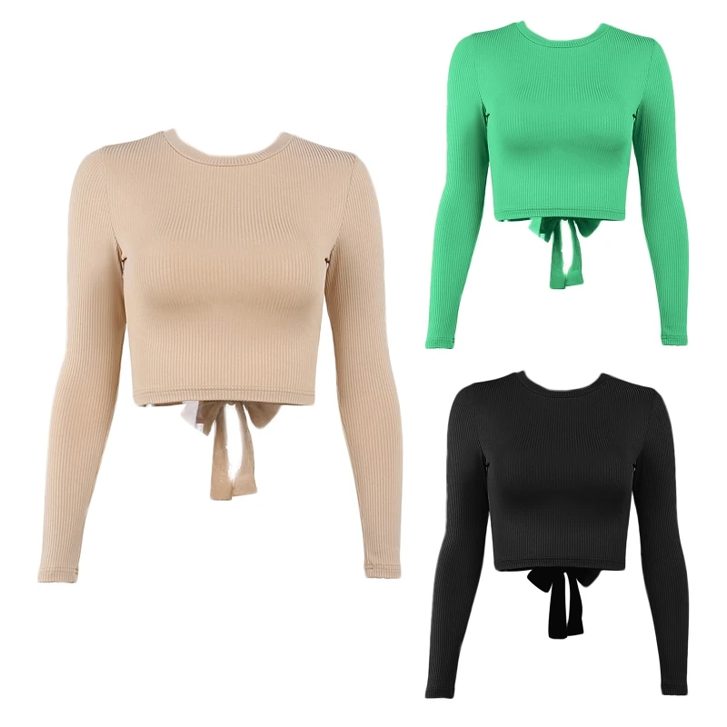 

Women Sexy Slim Spliced Backless Bandage T-shirts Long Sleeve Casual Cropped