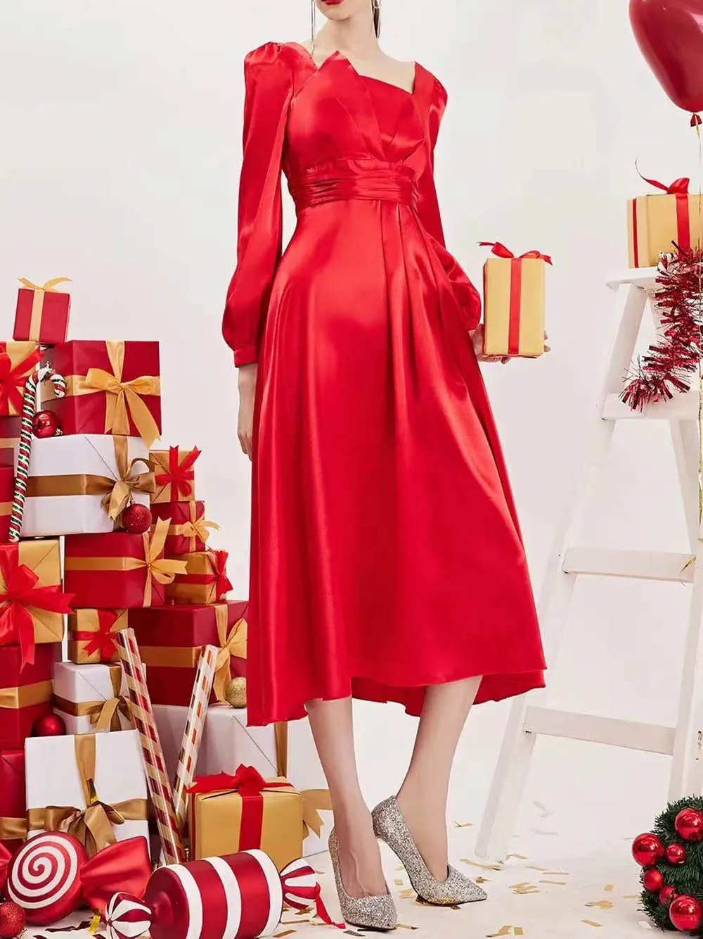 Elegan Women Prom Long Dresses 2023 New Red Long Sleeve Slim Pleated Fashion Dress Female Homecoming Party Formal Dresses