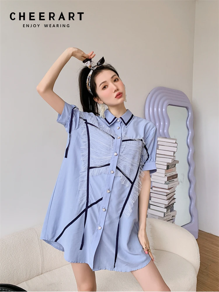 

Дизайнерское синее Сетчатое платье-рубашка CHEERART в стиле пэчворк для женщин 2022 летнее корейское модное мини-платье на пуговицах с коротким р...