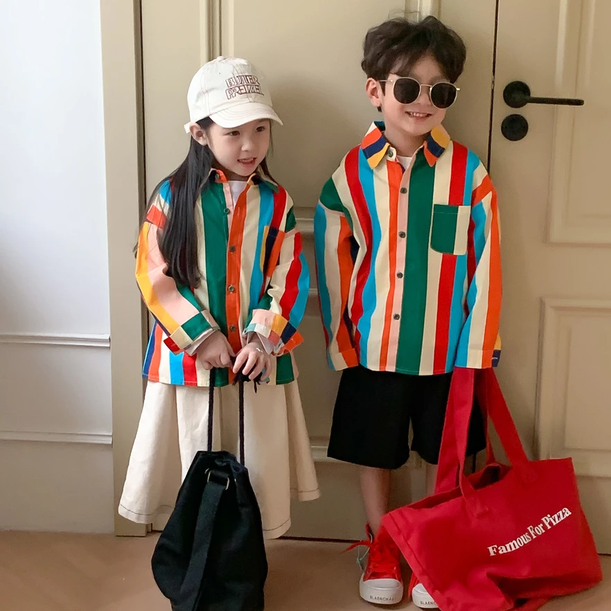 

4711B Children's Shirts Spring 2023 Korean Vertical Striped Rainbow Shirts for Boys and Girls Children's Lapels and Casual Tops
