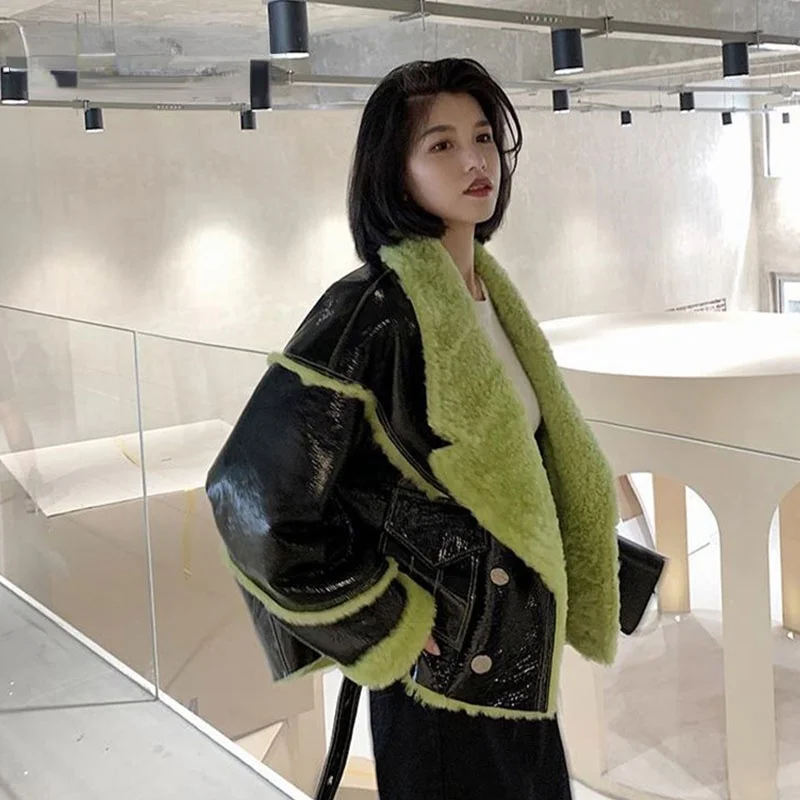 Parka 2021 Winter Thick Women Coat Plush Splicing Faux PU Leather Biker Jacket Short Ladies Fashion Loose Warm Outerwear Female