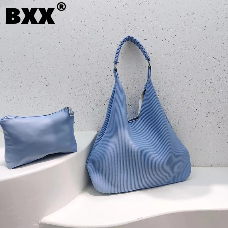 

[BXX] Pleated PU Leather Handbag Underarm Bag For Women Solid Color Shoulder Bucket Beach Vacation Bags 2023 New Fashion 8AB400