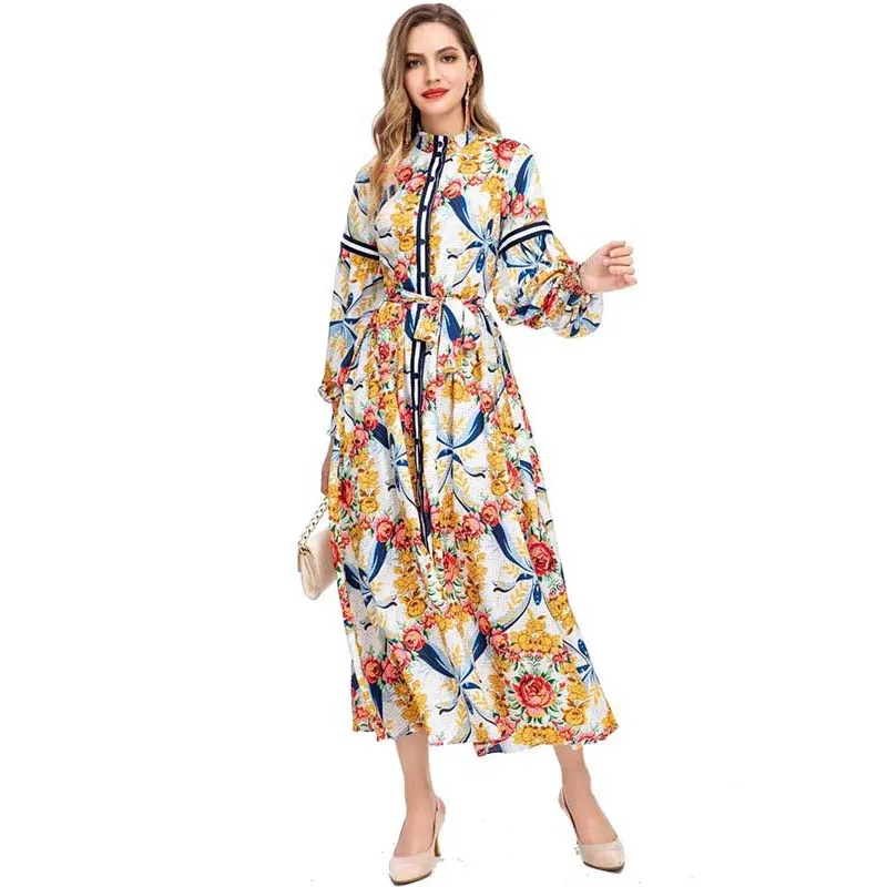 Janeyiren Fashion Runway Autumn/Winter Dress Women Lantern Sleeve Single breasted bunched Loose floral print vintage evening d