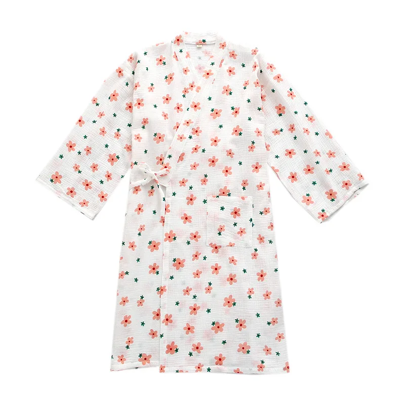 

Женская Удлиненная ночная рубашка из хлопка и крепа, домашняя одежда с принтом медведя из мультфильма, милый японский халат на шнуровке, ким...