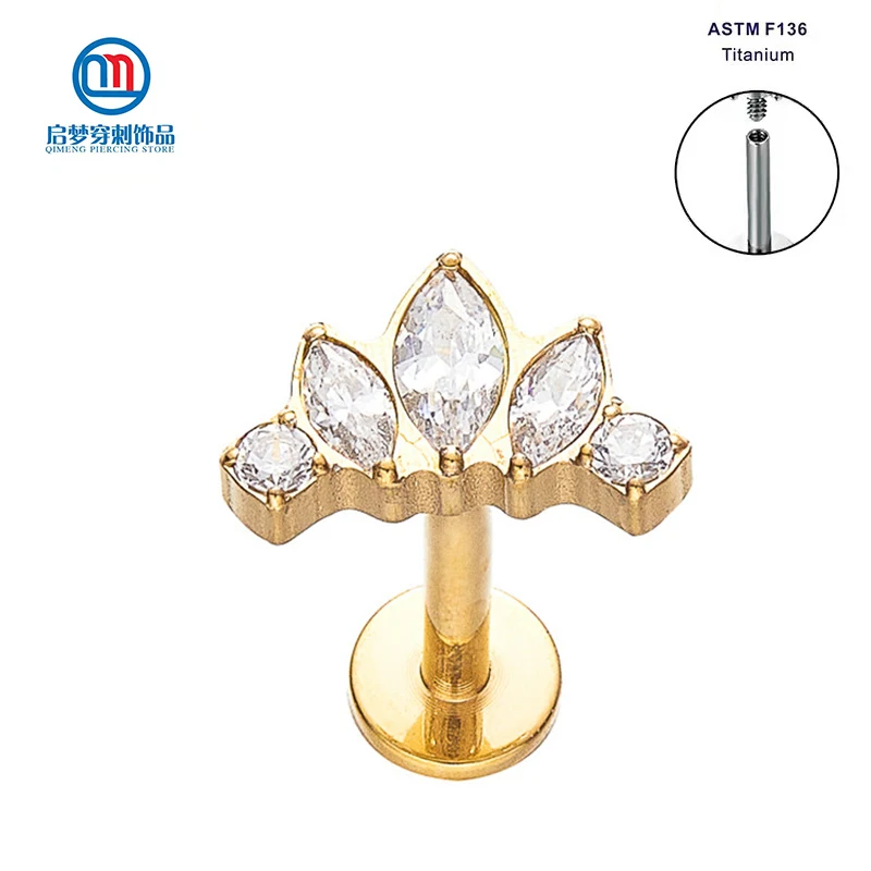 

ASTM F136 Titanium 24K Gold Plated Prong Setting Marquise Shaped Labret Lip Stud Piercing Jewelry