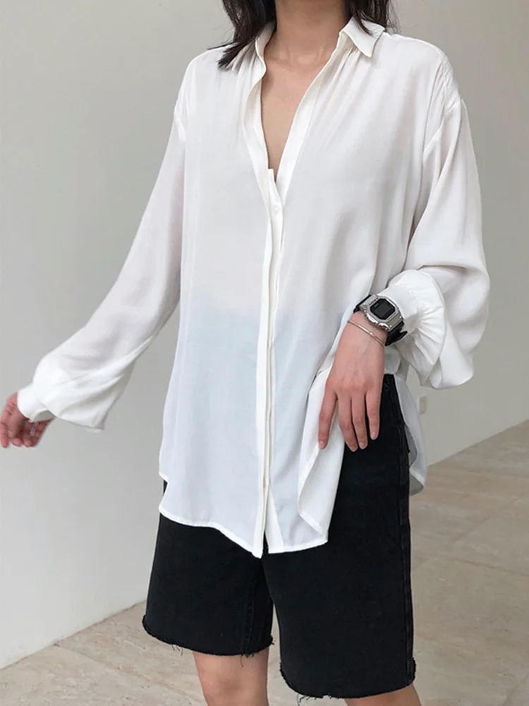 

Turn-down Collar Solid Color T-shirt For Women Long Sleeve Loose Casual Tops Female Fashion 2023 Spring Summer M171