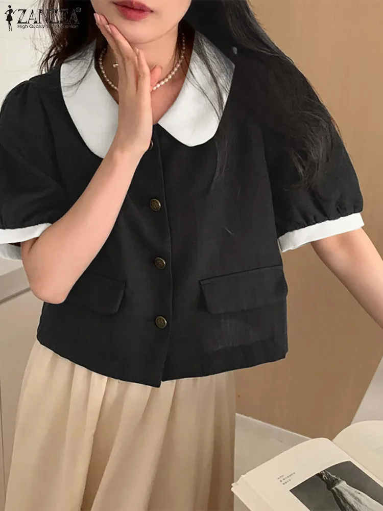 

Блузка ZANZEA женская с пышными короткими рукавами, элегантная рубашка в стиле пэчворк с воротником с лацканами, Повседневная блуза контрастн...