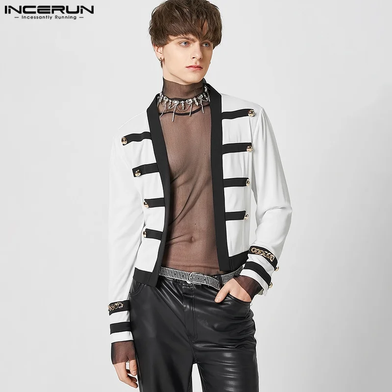 

INCERUN Tops 2023 American Style Men Black White Contrast Blazer Fashion Hot Sale Metal Buckle Collarless Cropped Jackets S-5XL
