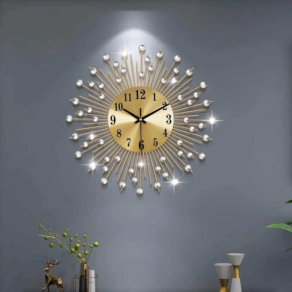 

Decorative Crystal Sunburst Metal Wall Clock Modern Design Home Art Wall Decor Silent Wall Clock Luxury Clocks For Living Room