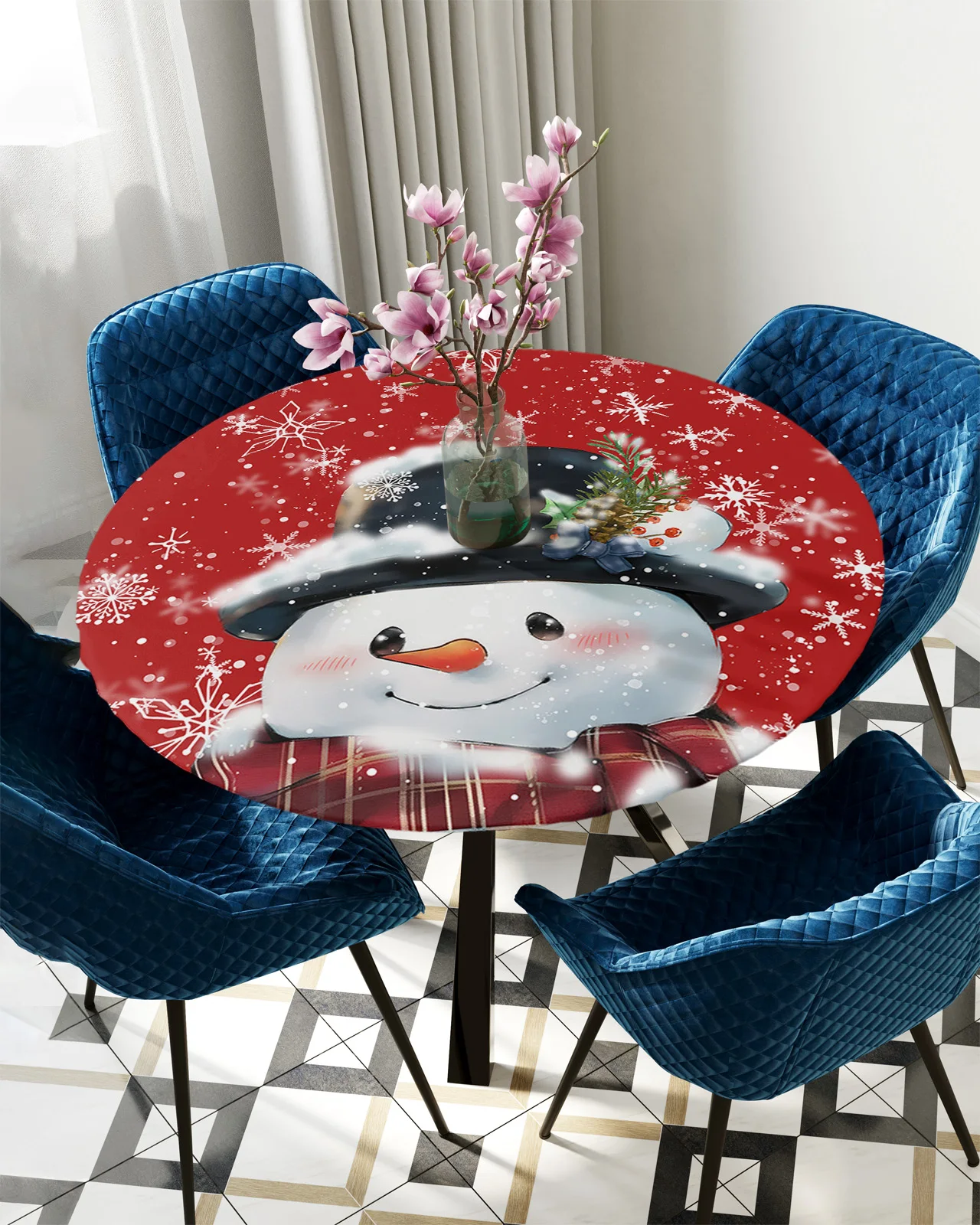 

Christmas Snowman Snowflake Round Table Cover Holiday Party Dinner Table Elastic Tablecloth Kitchen Waterproof Tableclot