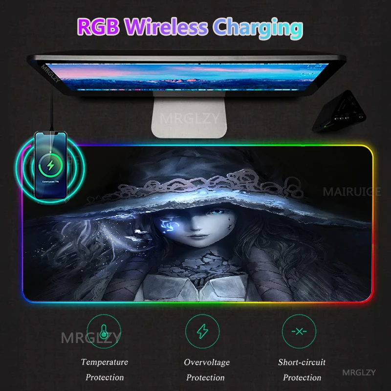 

Ranni RGB LED Mouse Pad with Wireless Charger Elden Ring Game Typec Large Gaming MousePad Carpets Office Accessories Play Mats