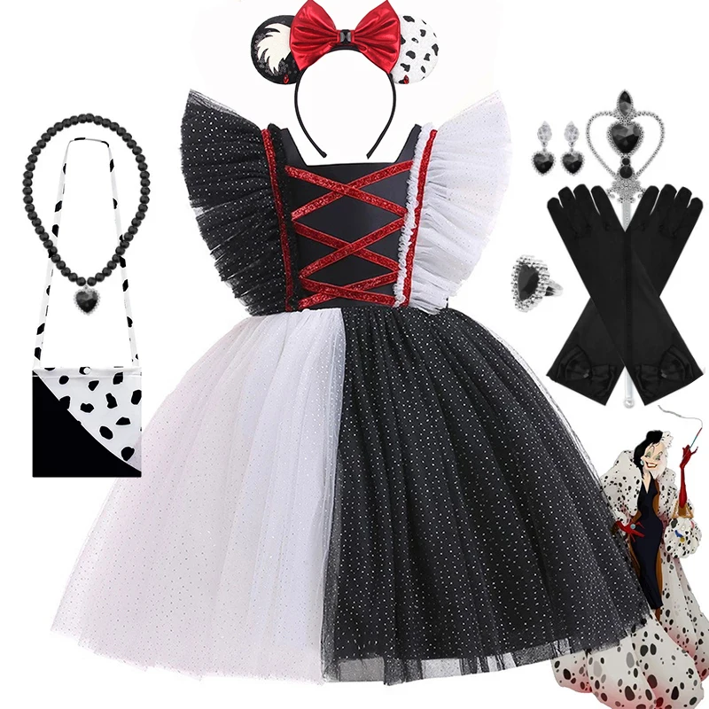 

Halloween Movie Evil Cruella Girls Costume Kids Cosplay Cruella Masquerade Party Black White TuTu Dress Headwear Carnival Party