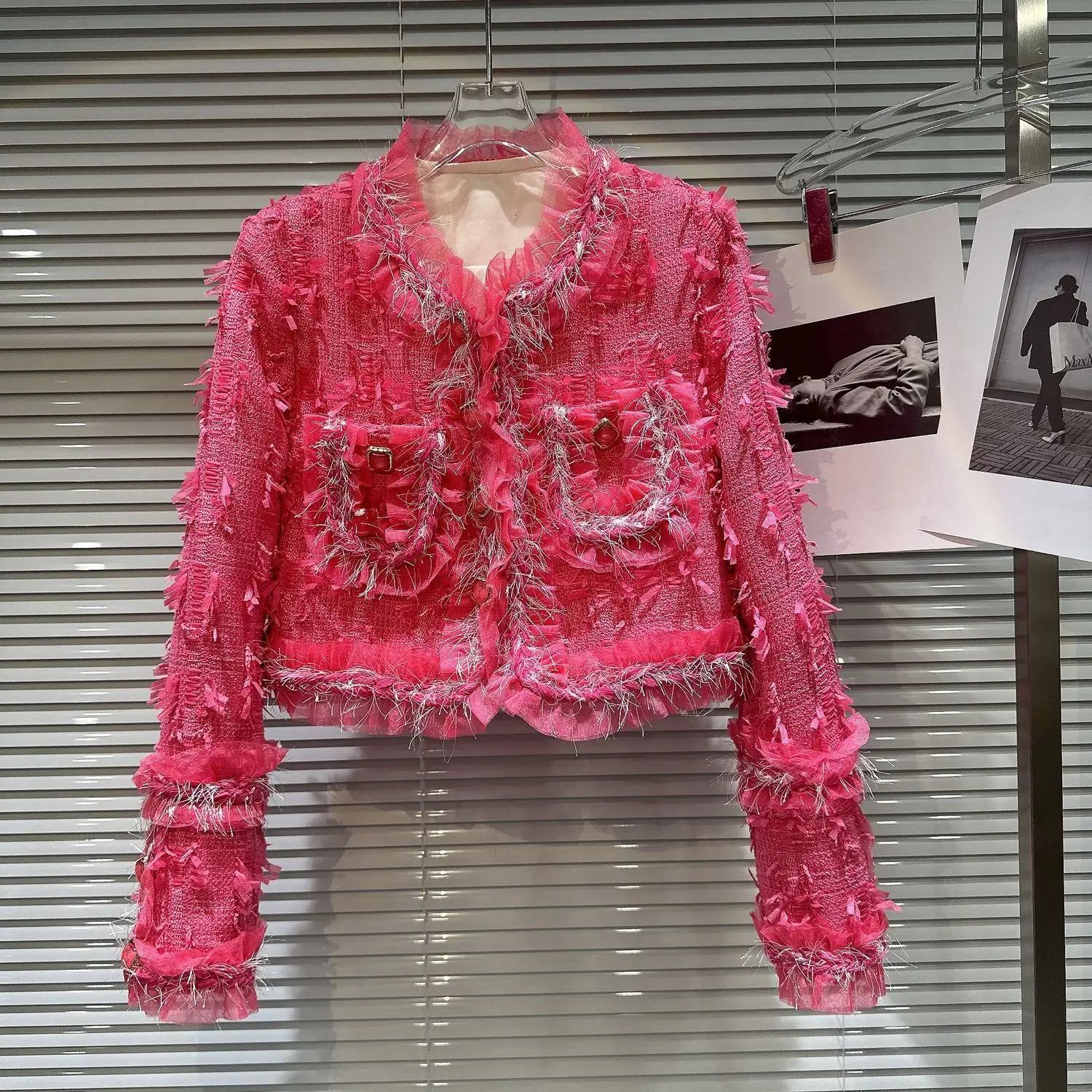 

Женский вязаный кардиган с бахромой, розовая куртка с круглым вырезом, Элегантная кофта с сетчатыми вставками, верхняя одежда, весна-осень 2023