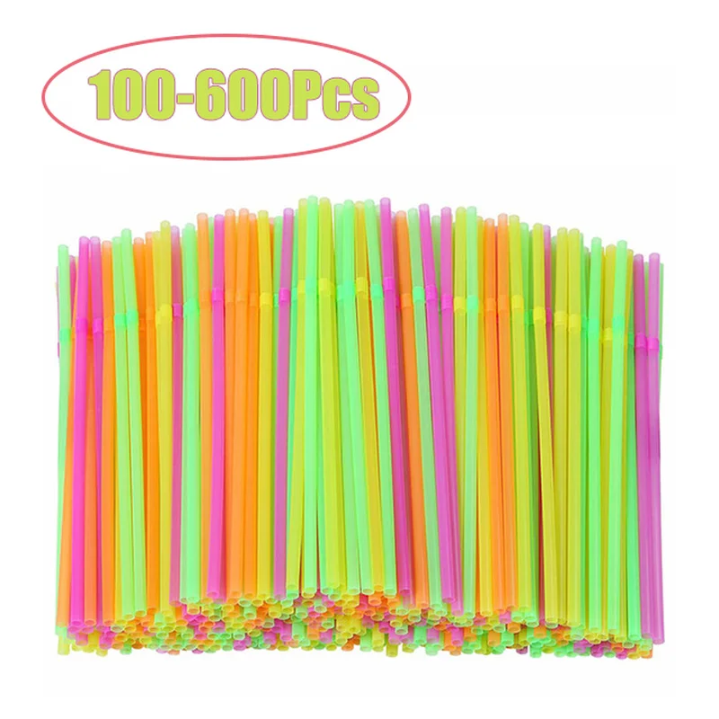 100-600Pcs Plastic Straws Fluorescence-Color Cocktail Drinking Straw Disposable Kitchenware Pajitas For Party Bar Accessories