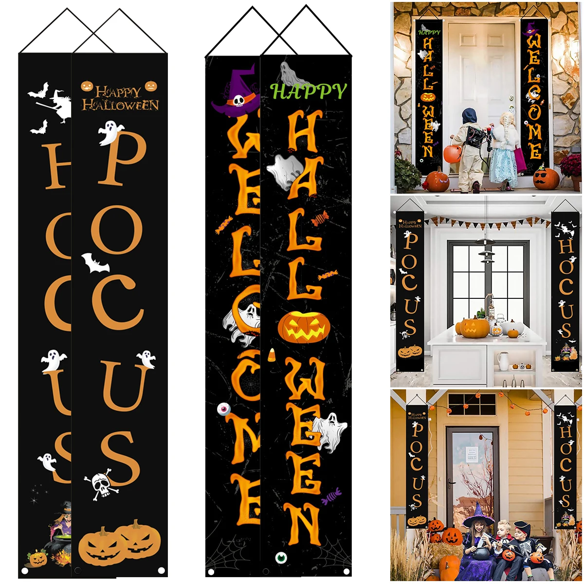 

1 Pair Halloween Porch Sign Decoration Halloween Banners with Spider Ghost Skeleton Pumpkin Patterns Reusable Halloween Hanging