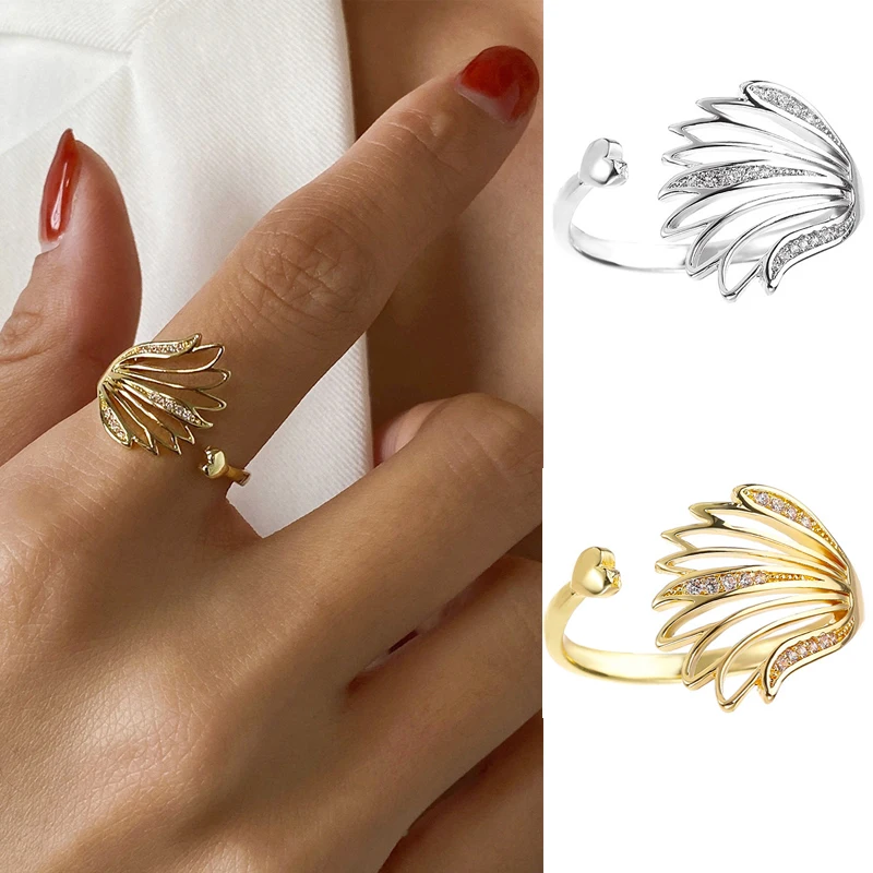 

2022 Trend New Heart Wings Open Ring for Women Vintage Exaggerated Cutout Rhinestone Feather Ring Fashion Party Jewelry Gifts