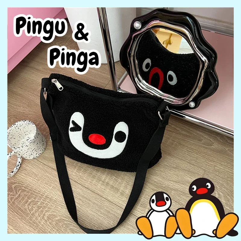 Фото Pingu Pinga флисовые сумки через плечо с вышивкой, повседневные женские сумки на молнии, милые однотонные сумки большой емкости на одно плечо №1